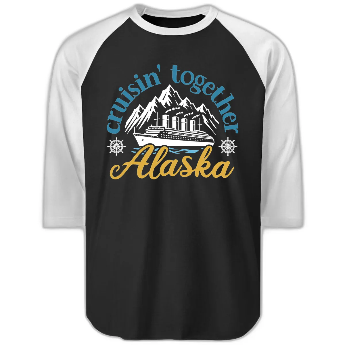 Cruisin Together Alaska Script Wave Design Raglan 3/4 in Black White