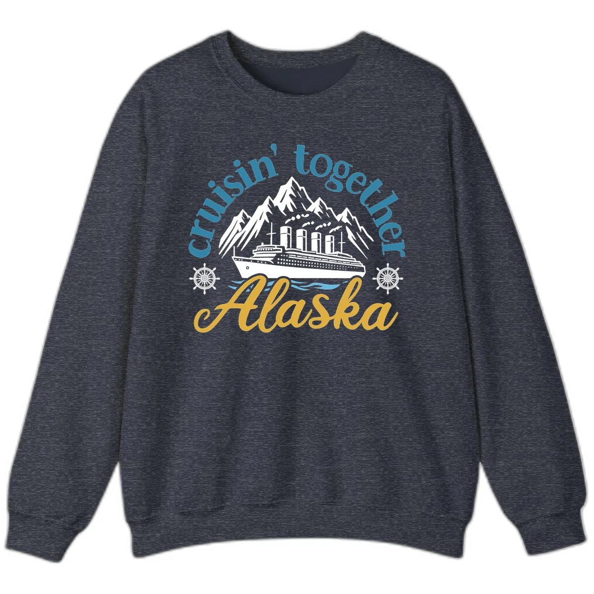 Cruisin Together Alaska Script Wave Design Sweatshirt in Heather Sport Dark Navy
