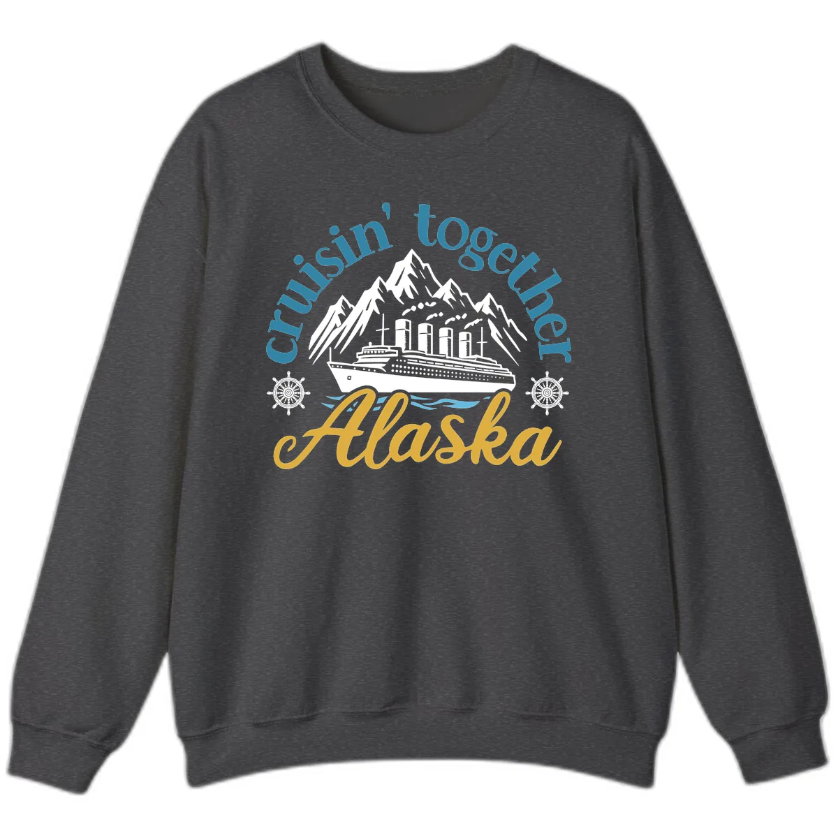 Cruisin Together Alaska Script Wave Design Sweatshirt in Dark Heather