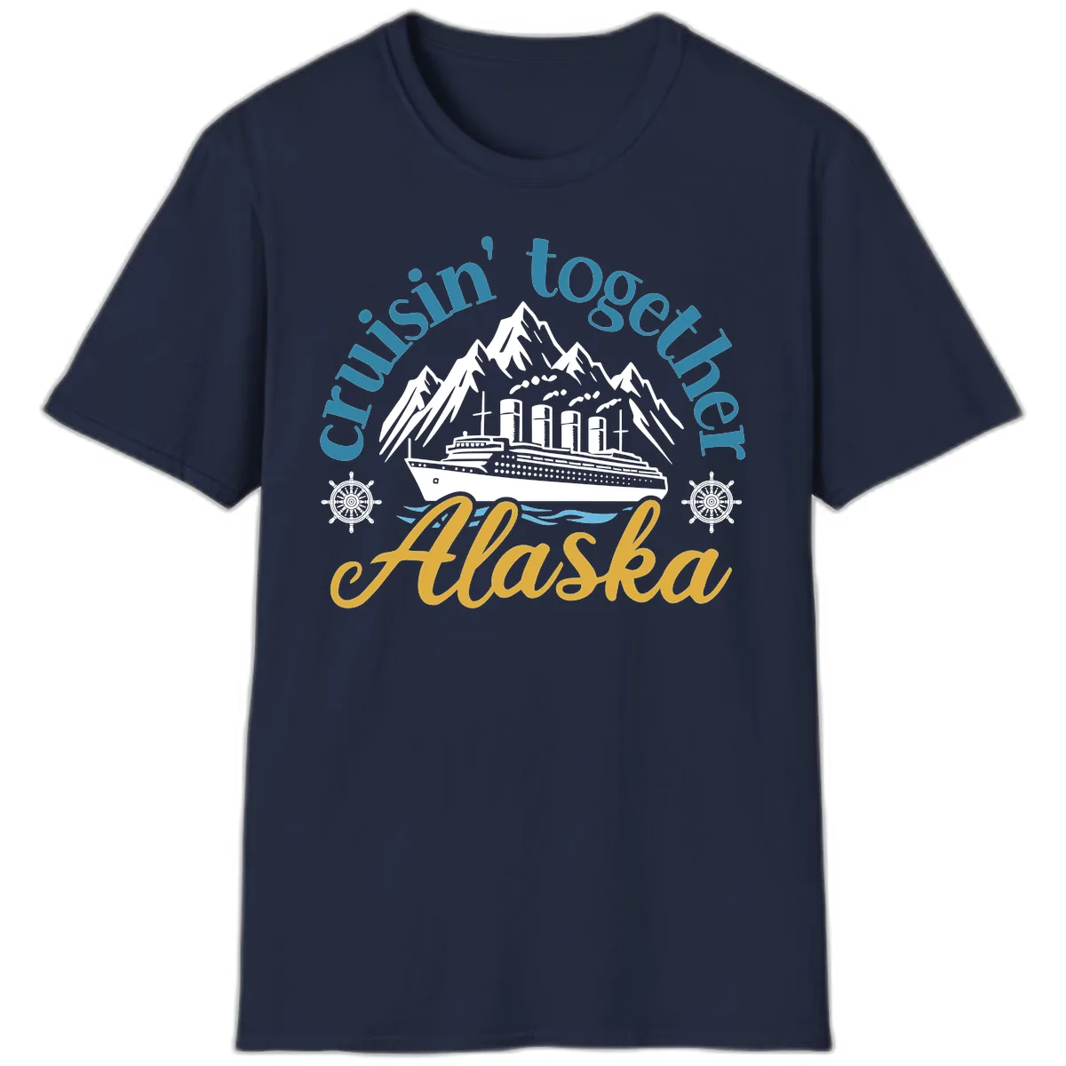 Cruisin Together Alaska Script Wave Design T-Shirt in Navy