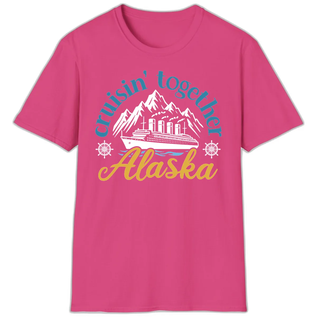 Cruisin Together Alaska Script Wave Design T-Shirt in Heliconia