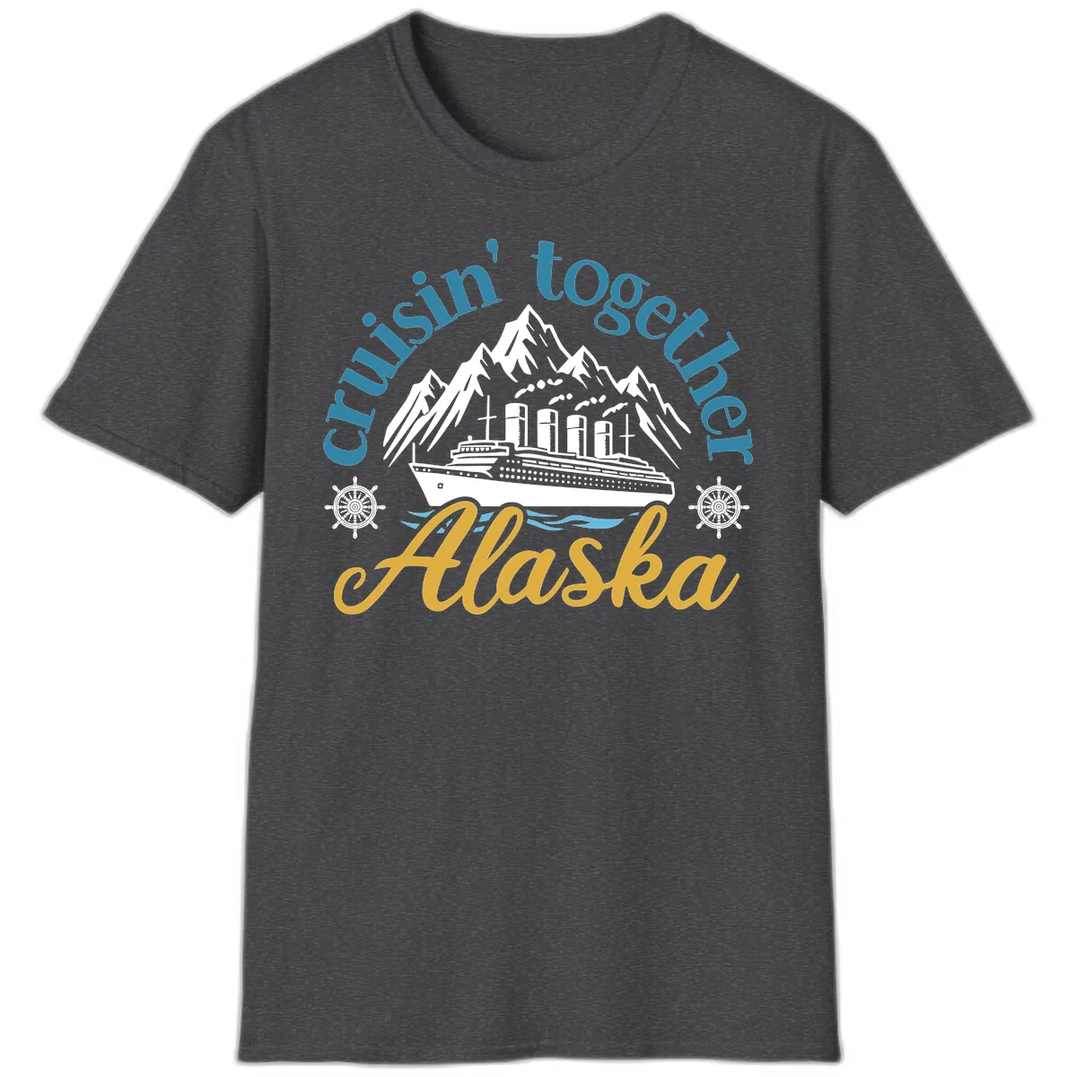 Cruisin Together Alaska Script Wave Design T-Shirt in Dark Heather