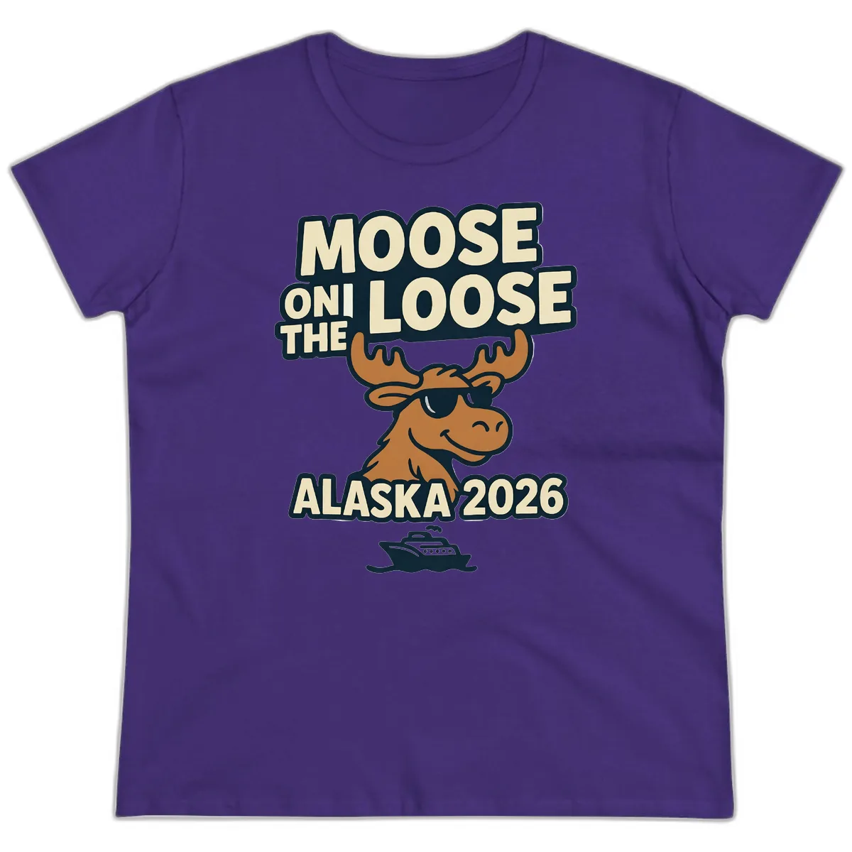 Moose On The Loose Alaska 2026 Cruise Design Ladies Tee in Purple