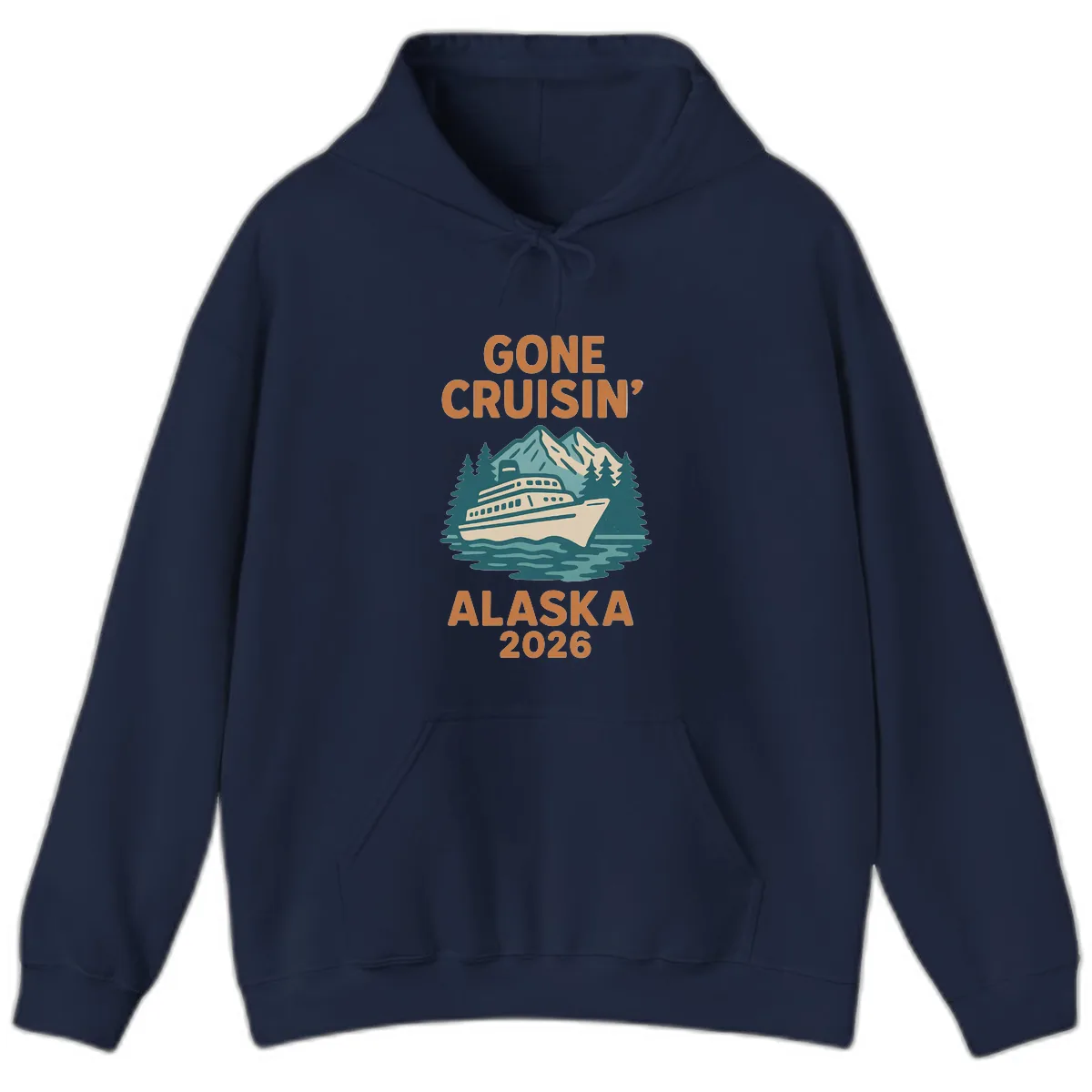 Gone Cruisin' Alaska 2026 Scenic Mountain Ship Hoodie in Navy