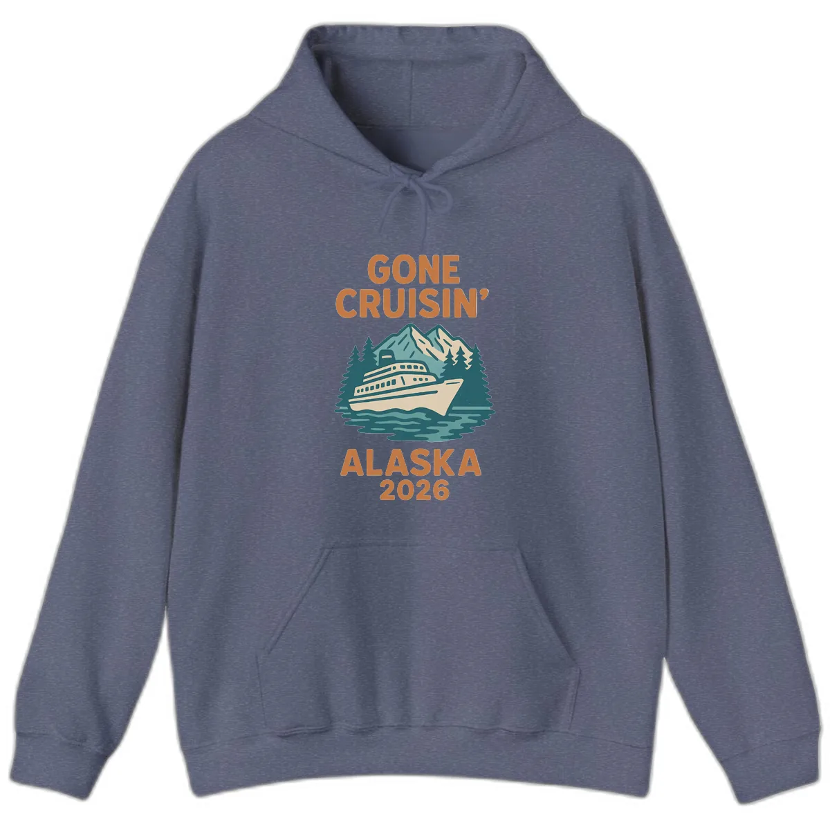 Gone Cruisin' Alaska 2026 Scenic Mountain Ship Hoodie in Heather Navy