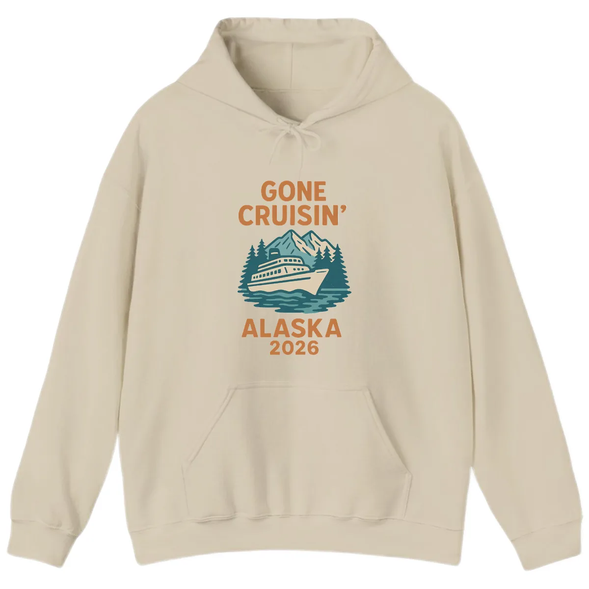 Gone Cruisin' Alaska 2026 Scenic Mountain Ship Hoodie in Sand