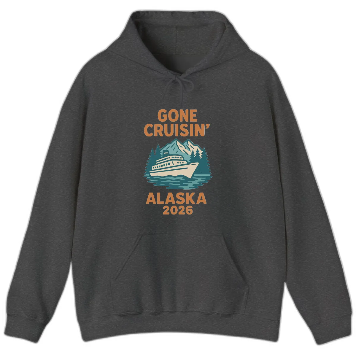Gone Cruisin' Alaska 2026 Scenic Mountain Ship Hoodie in Dark Heather