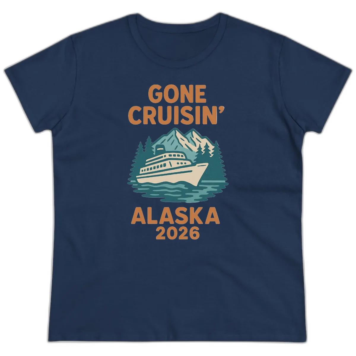 Gone Cruisin' Alaska 2026 Scenic Mountain Ship Ladies Tee in Navy