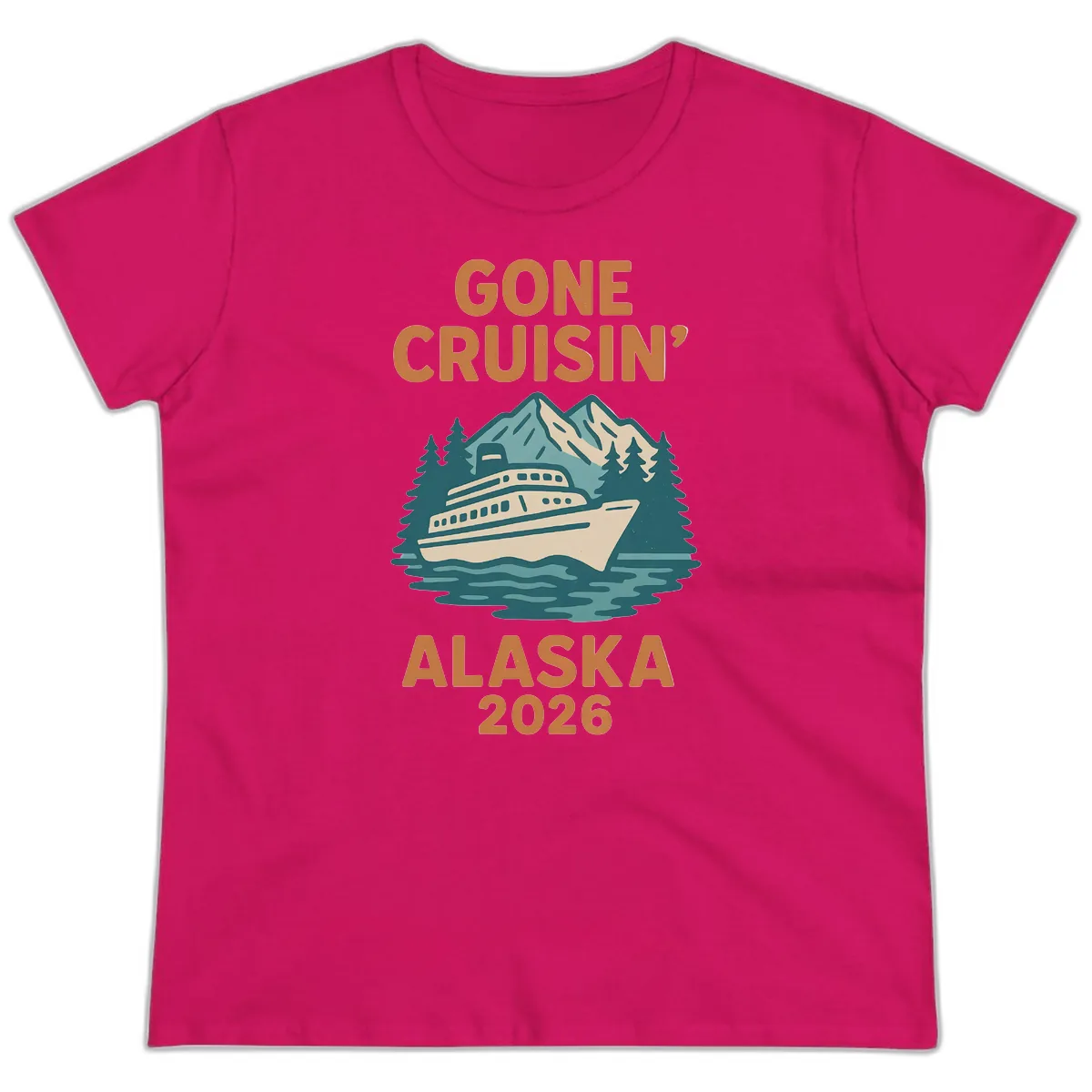 Gone Cruisin' Alaska 2026 Scenic Mountain Ship Ladies Tee in Heliconia