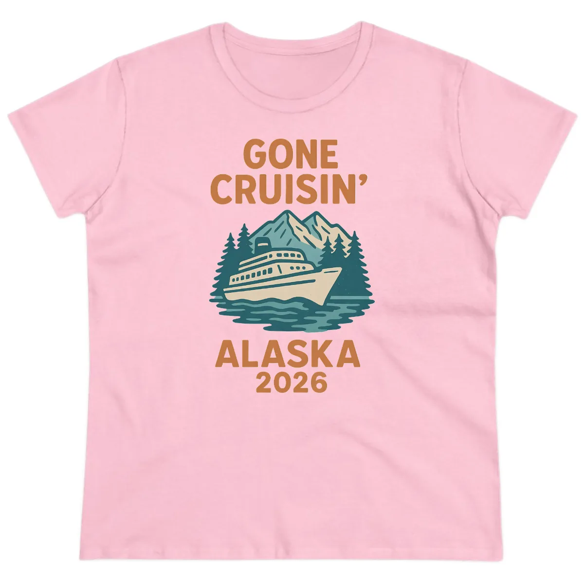 Gone Cruisin' Alaska 2026 Scenic Mountain Ship Ladies Tee in Light Pink