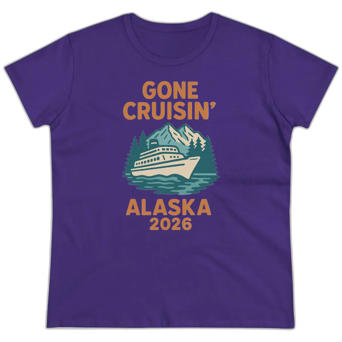 Gone Cruisin' Alaska 2026 Scenic Mountain Ship Ladies Tee in Purple