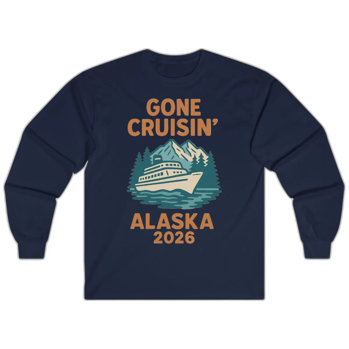 Gone Cruisin' Alaska 2026 Scenic Mountain Ship Long Sleeve in Navy