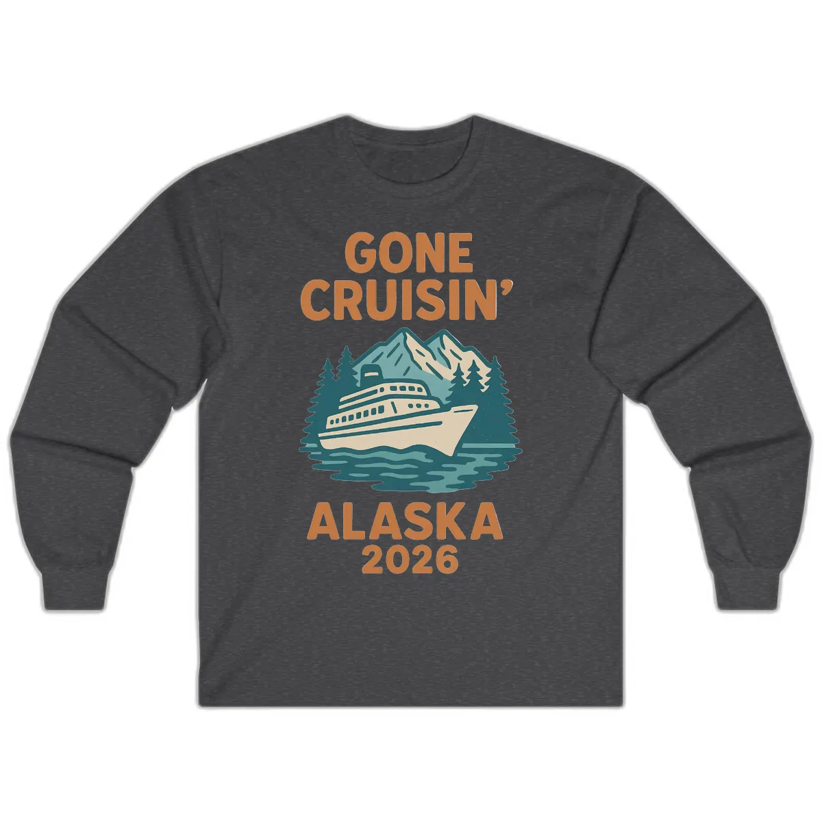 Gone Cruisin' Alaska 2026 Scenic Mountain Ship Long Sleeve in Dark Heather