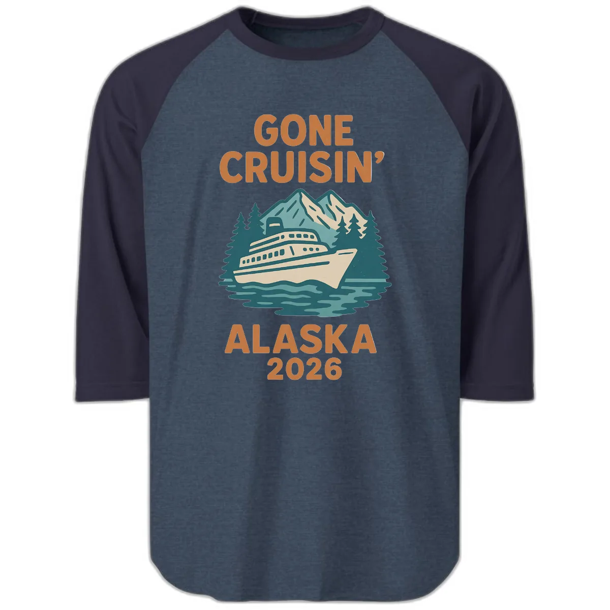 Gone Cruisin' Alaska 2026 Scenic Mountain Ship Raglan 3/4 in Heather Denim Navy