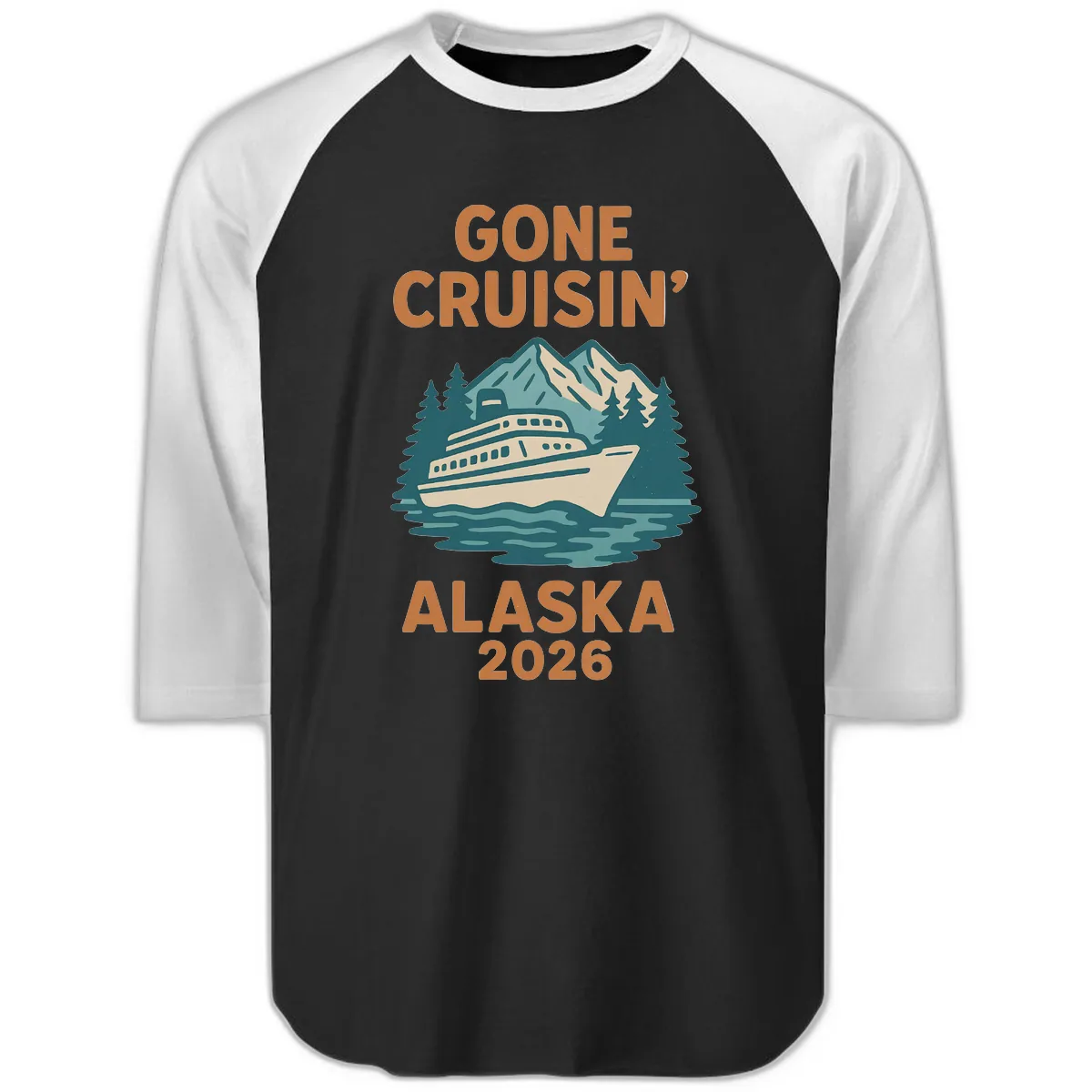 Gone Cruisin' Alaska 2026 Scenic Mountain Ship Raglan 3/4 in Black White