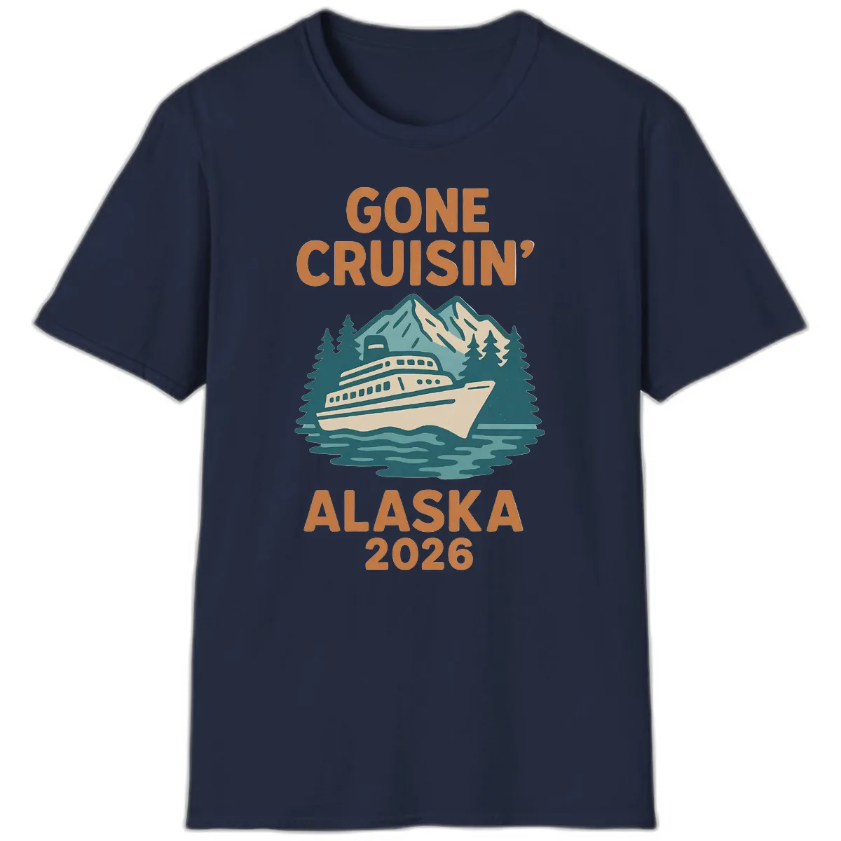 Gone Cruisin' Alaska 2026 Scenic Mountain Ship T-Shirt in Navy