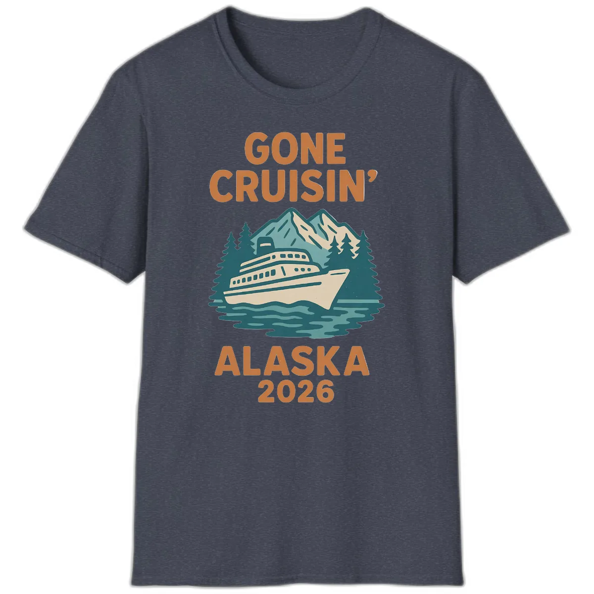 Gone Cruisin' Alaska 2026 Scenic Mountain Ship T-Shirt in Heather Navy