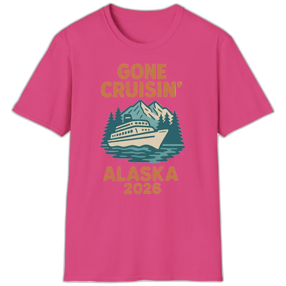 Gone Cruisin' Alaska 2026 Scenic Mountain Ship T-Shirt in Heliconia