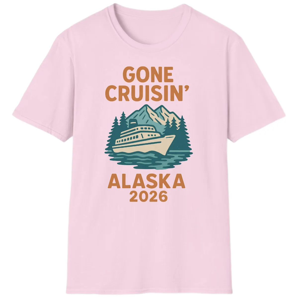 Gone Cruisin' Alaska 2026 Scenic Mountain Ship T-Shirt in Light Pink