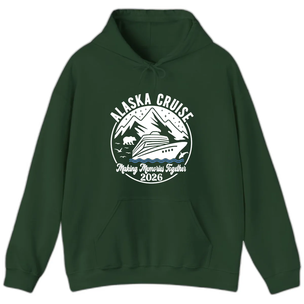 Minimalist Nautical Double Blue Ocean Waves Graphic Hoodie in Forest Green