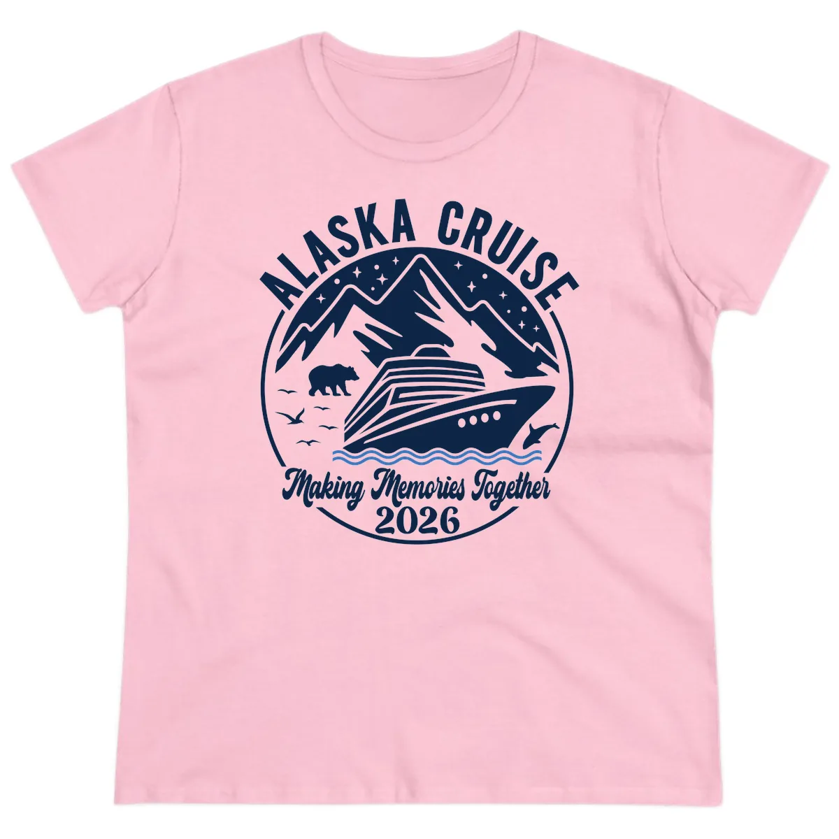 Minimalist Nautical Double Blue Ocean Waves Graphic Ladies Tee in Light Pink