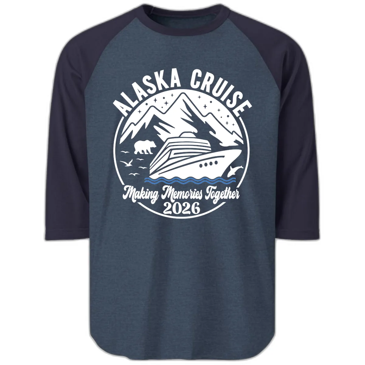 Minimalist Nautical Double Blue Ocean Waves Graphic Raglan 3/4 in Heather Denim Navy