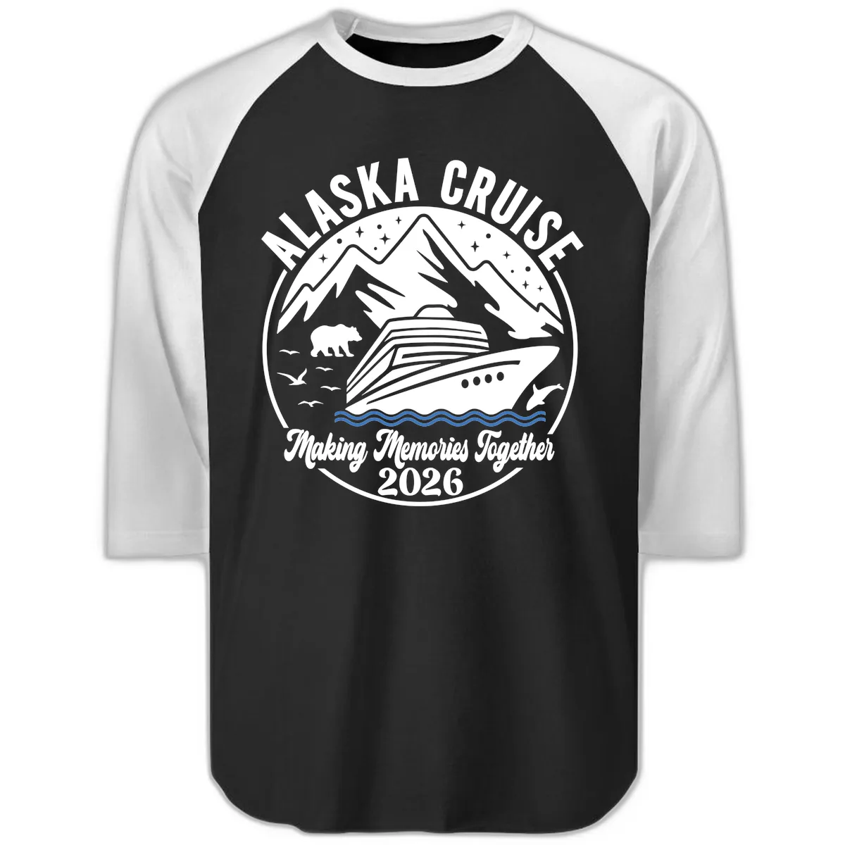 Minimalist Nautical Double Blue Ocean Waves Graphic Raglan 3/4 in Black White