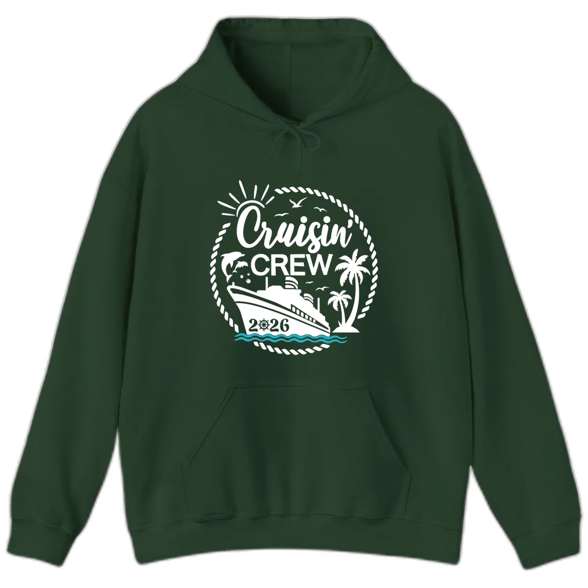 Cruisin' Crew 2026 Tropical Nautical Badge Hoodie in Forest Green