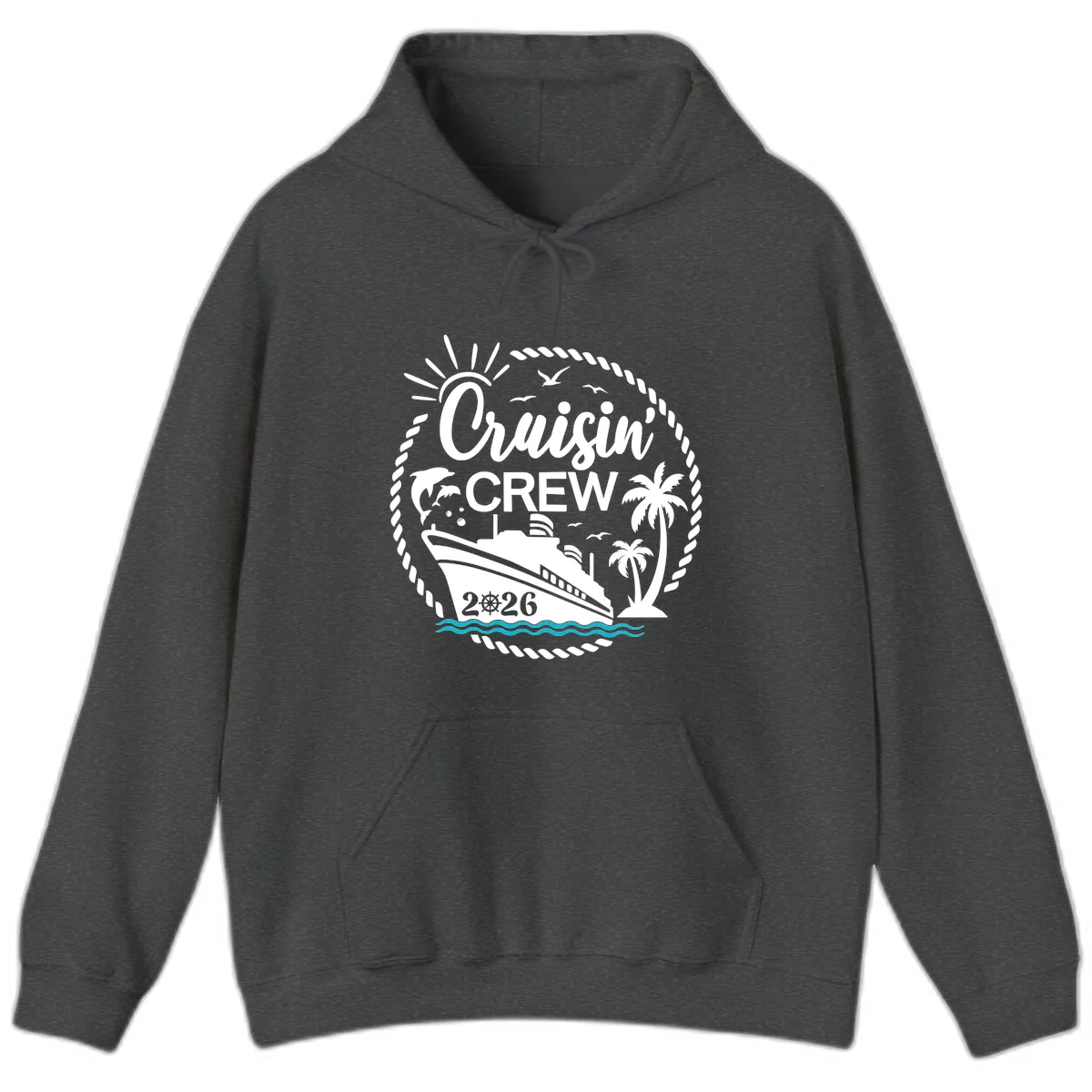 Cruisin' Crew 2026 Tropical Nautical Badge Hoodie in Dark Heather