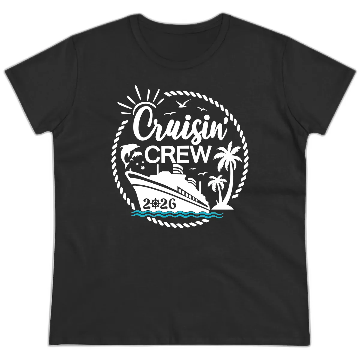 Cruisin' Crew 2026 Tropical Nautical Badge Ladies Tee in Black