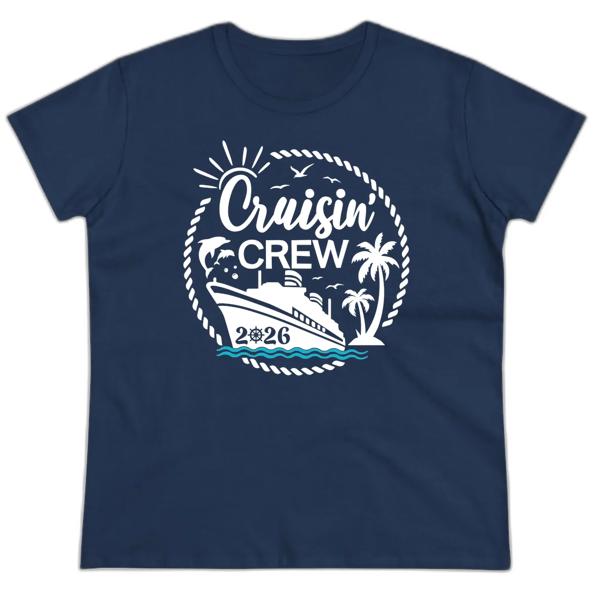 Cruisin' Crew 2026 Tropical Nautical Badge Ladies Tee in Navy