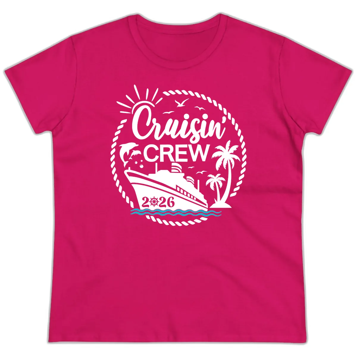 Cruisin' Crew 2026 Tropical Nautical Badge Ladies Tee in Heliconia