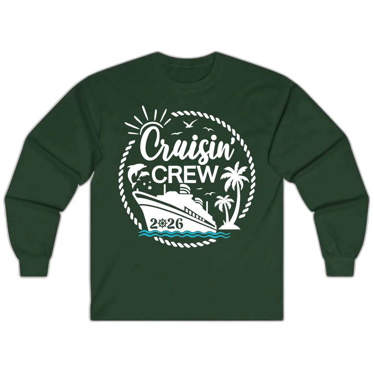 Cruisin' Crew 2026 Tropical Nautical Badge Long Sleeve in Forest Green