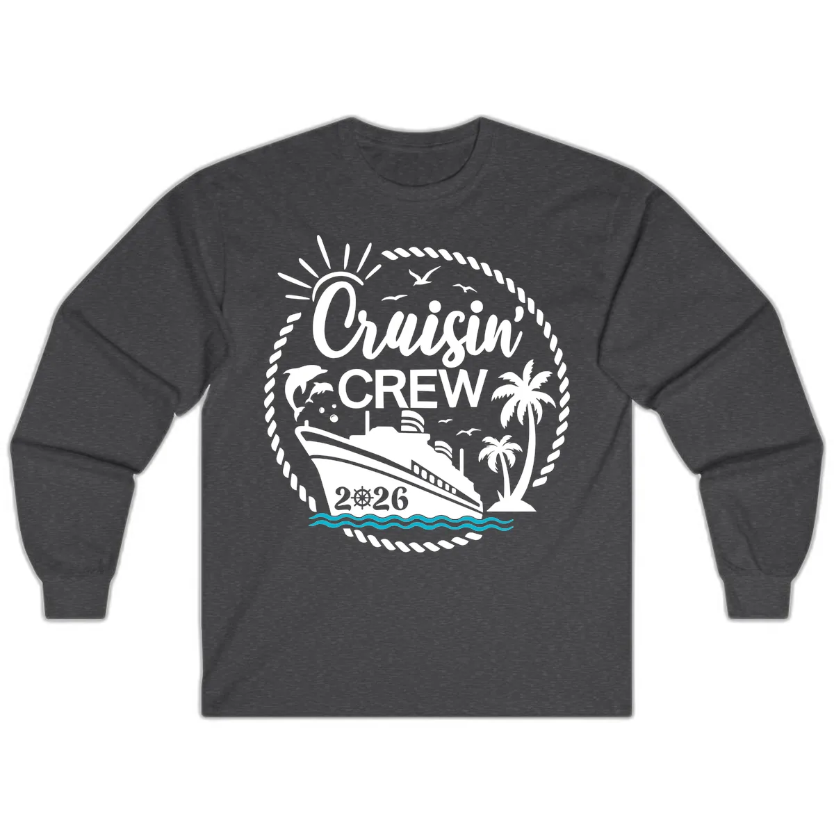 Cruisin' Crew 2026 Tropical Nautical Badge Long Sleeve in Dark Heather