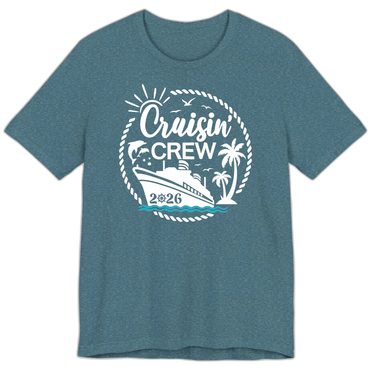 Cruisin' Crew 2026 Tropical Nautical Badge Premium T-Shirt in Heather Deep Teal