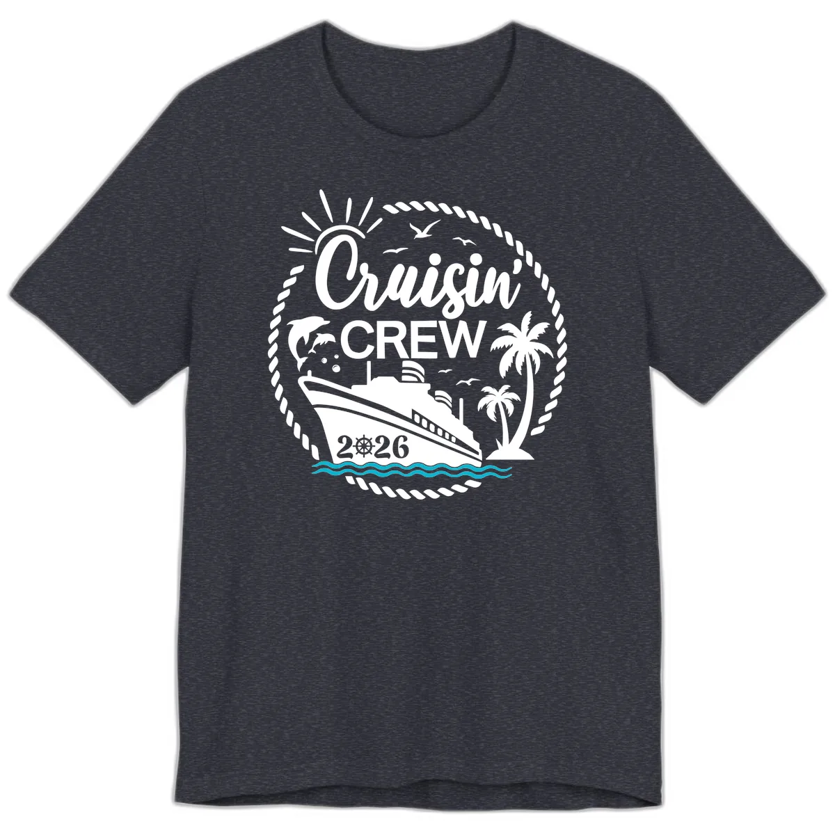 Cruisin' Crew 2026 Tropical Nautical Badge Premium T-Shirt in Heather Navy