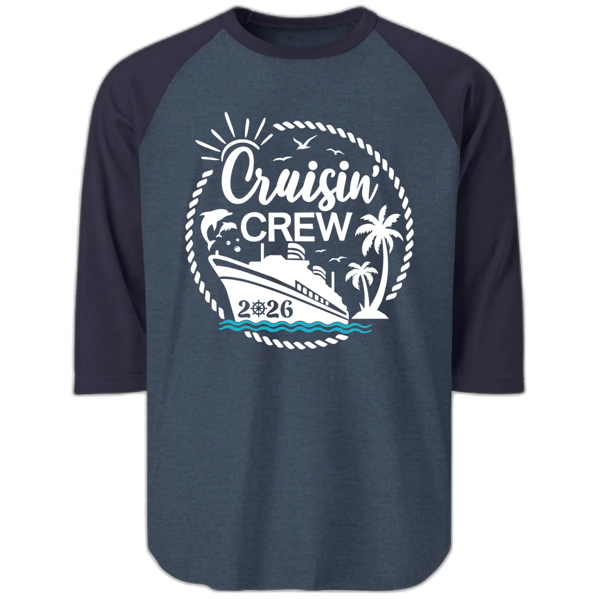 Cruisin' Crew 2026 Tropical Nautical Badge Raglan 3/4 in Heather Denim Navy