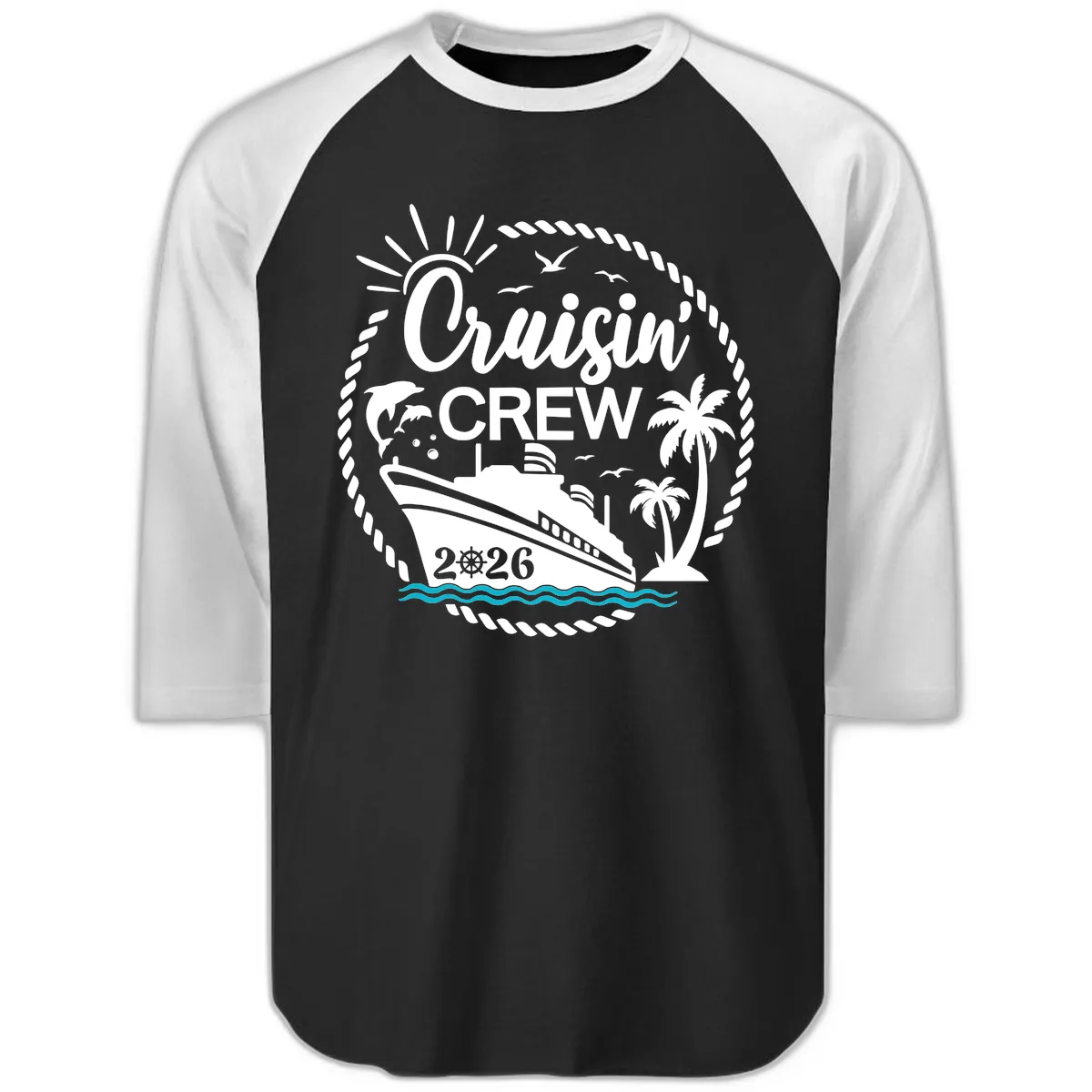 Cruisin' Crew 2026 Tropical Nautical Badge Raglan 3/4 in Black White