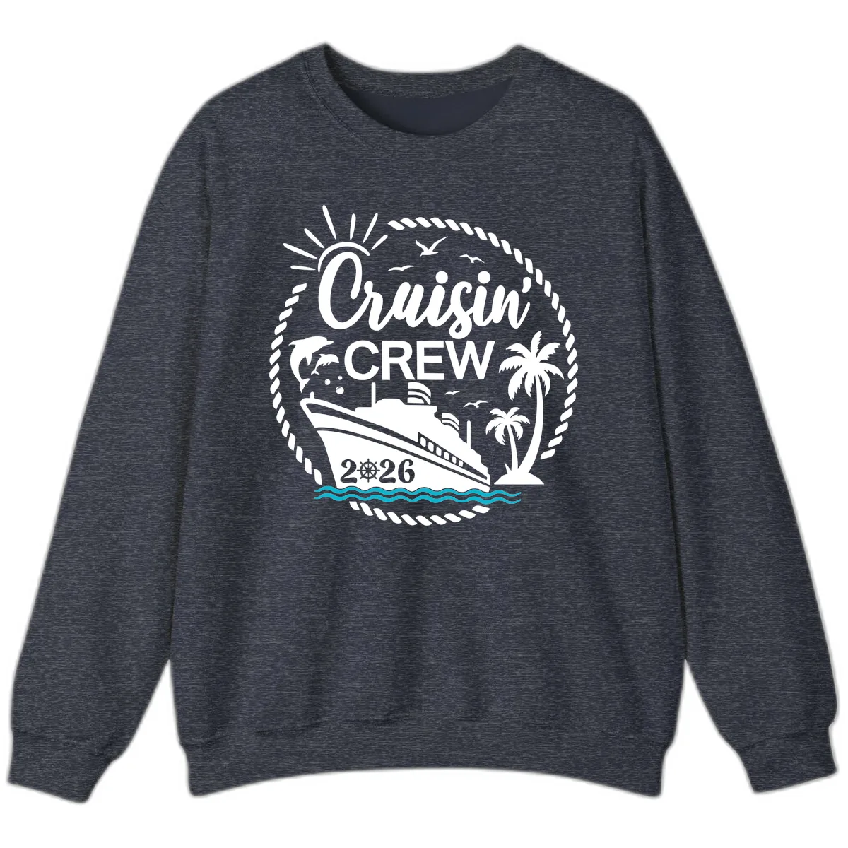 Cruisin' Crew 2026 Tropical Nautical Badge Sweatshirt in Heather Sport Dark Navy