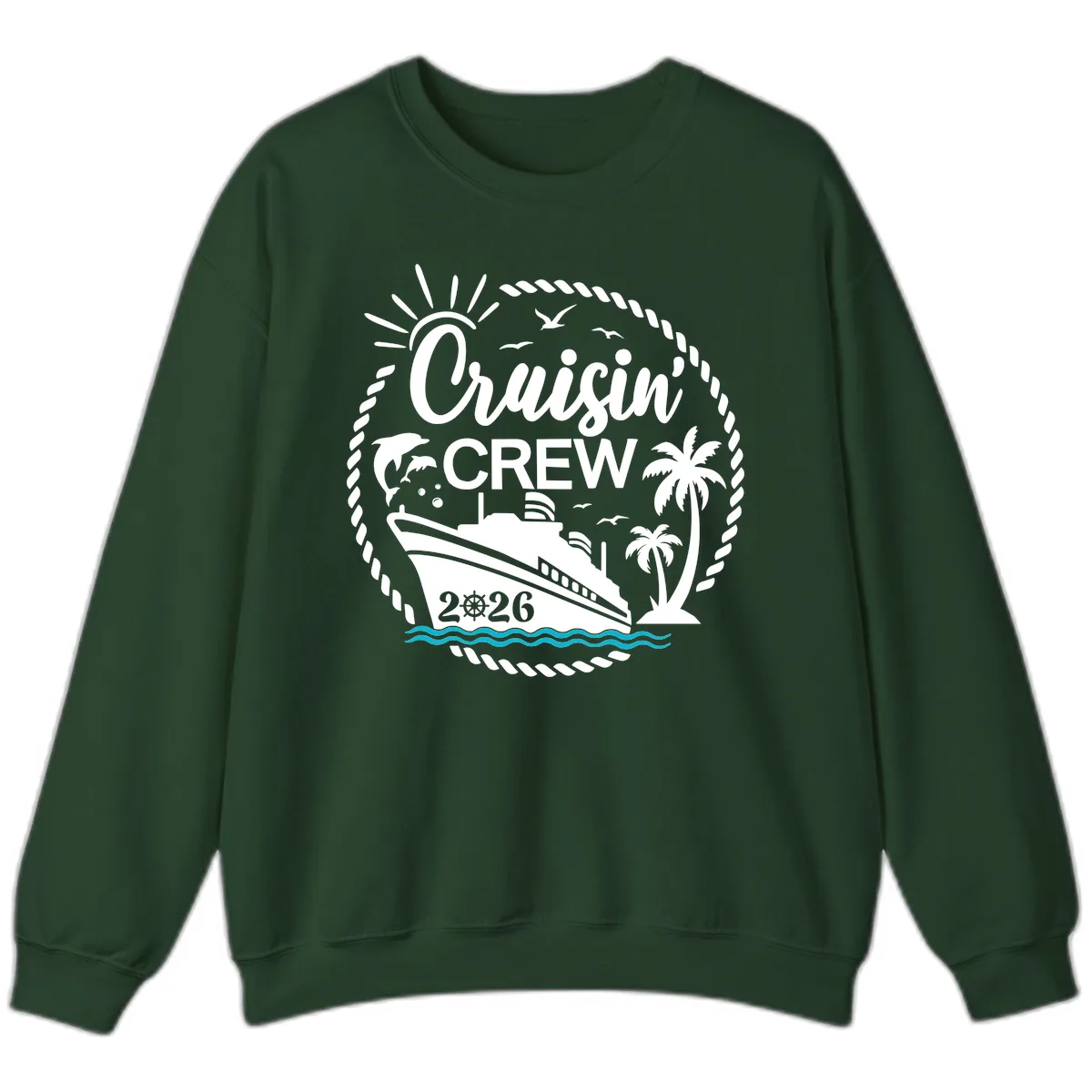 Cruisin' Crew 2026 Tropical Nautical Badge Sweatshirt in Forest Green