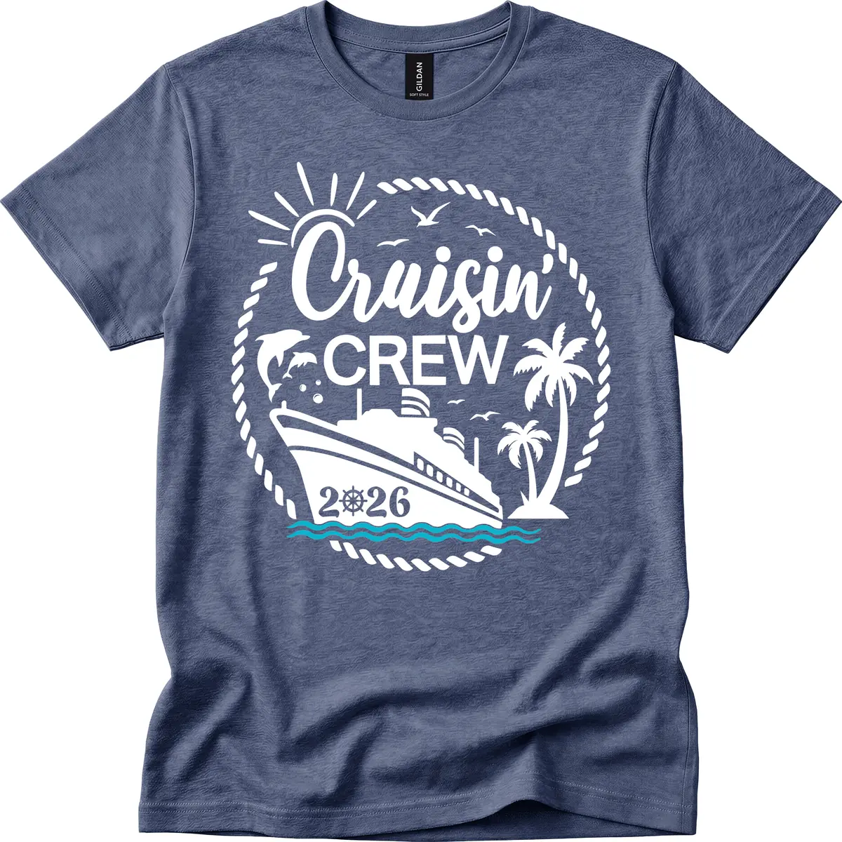 Cruisin' Crew 2026 Tropical Nautical Badge T-Shirt in Heather Navy