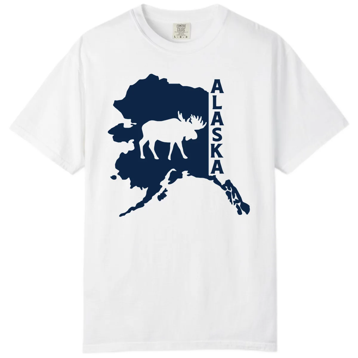 Bold Alaska State Silhouette With Moose Graphic Comfort Color in White