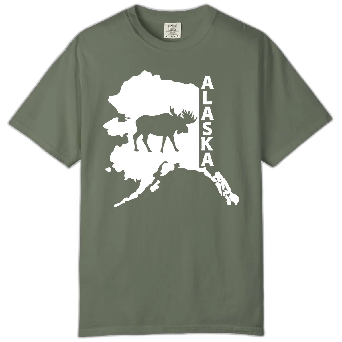 Bold Alaska State Silhouette With Moose Graphic Comfort Color in Moss