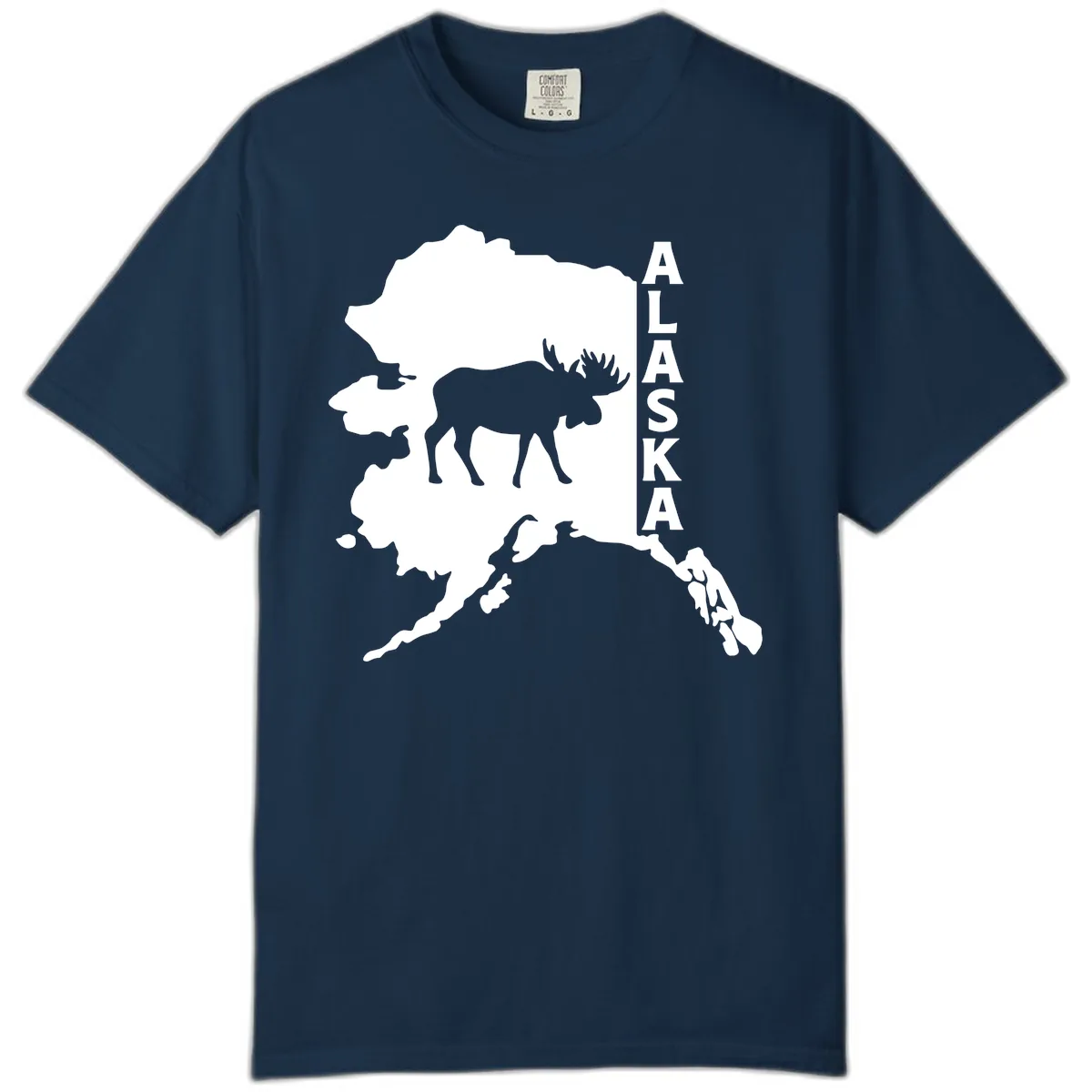 Bold Alaska State Silhouette With Moose Graphic Comfort Color in True Navy