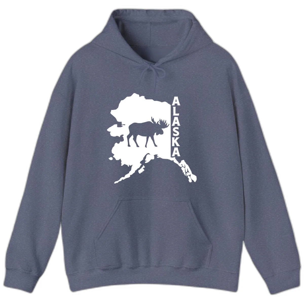 Bold Alaska State Silhouette With Moose Graphic Hoodie in Heather Navy
