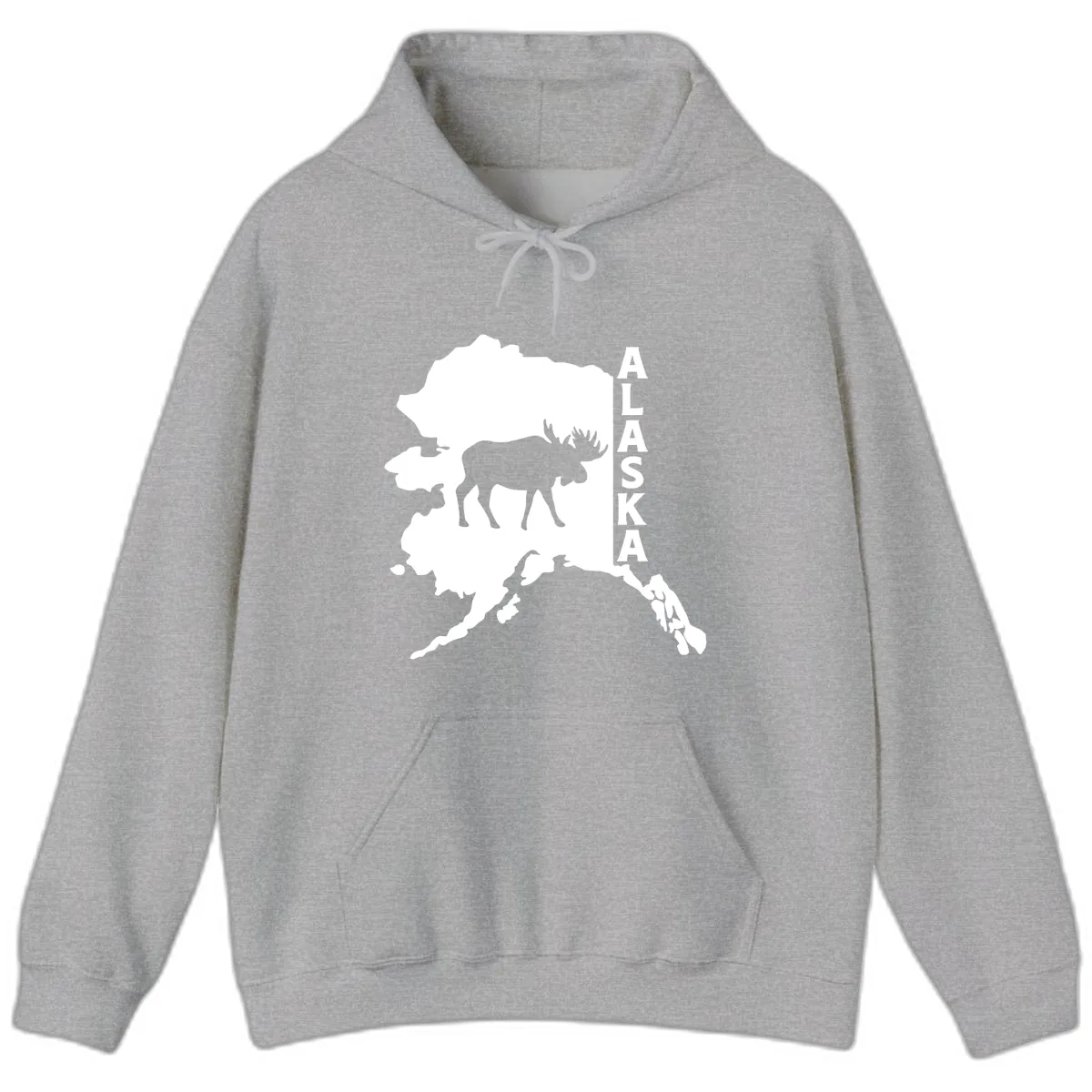 Bold Alaska State Silhouette With Moose Graphic Hoodie in Sport Grey