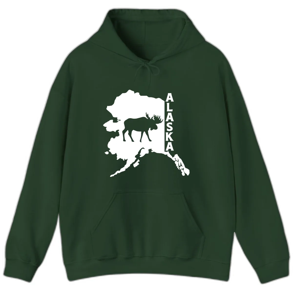 Bold Alaska State Silhouette With Moose Graphic Hoodie in Forest Green