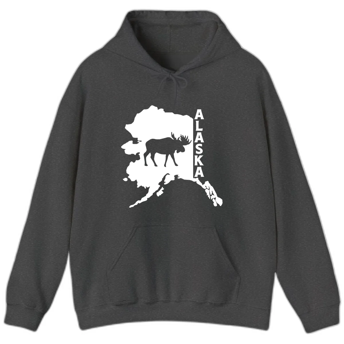 Bold Alaska State Silhouette With Moose Graphic Hoodie in Dark Heather