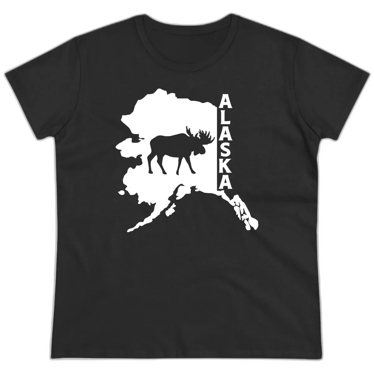 Bold Alaska State Silhouette With Moose Graphic Ladies Tee in Black