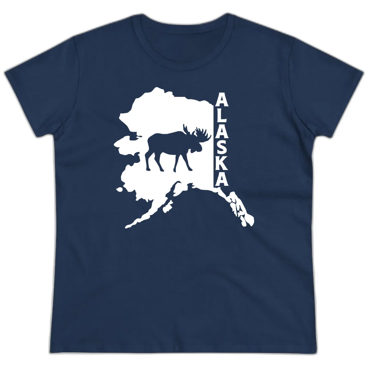 Bold Alaska State Silhouette With Moose Graphic Ladies Tee in Navy
